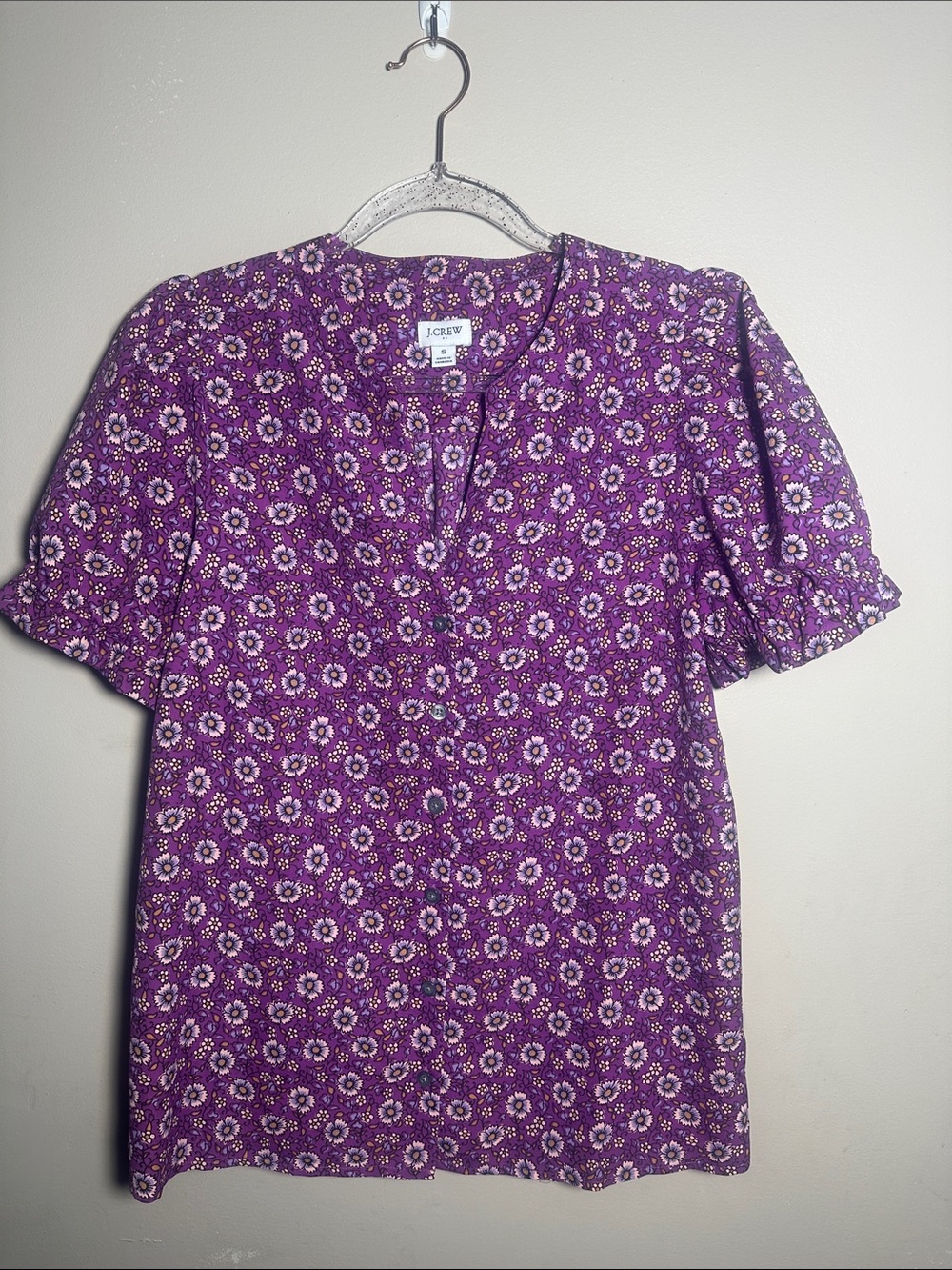 J Crew Small Floral V Neck Button Down Short Sleeved Top